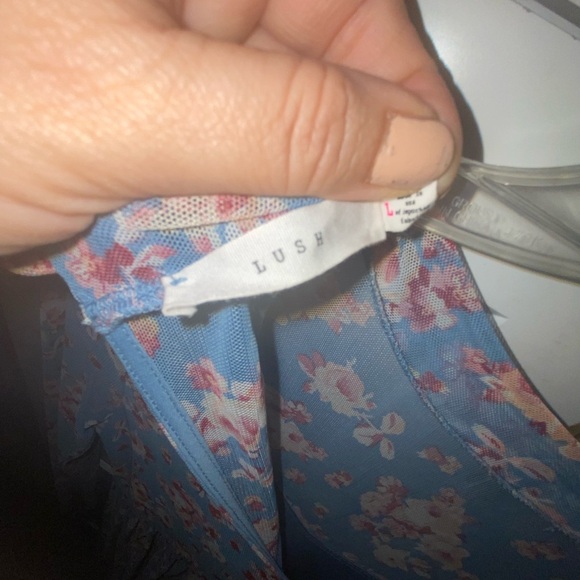 Lush Girly pop Floral Cherry Blossom Mesh Sheer Blue Long Sleeve Dress w/ shorts - Picture 7 of 7